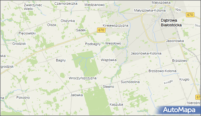mapa Wiązówka gmina Dąbrowa Białostocka, Wiązówka gmina Dąbrowa Białostocka na mapie Targeo