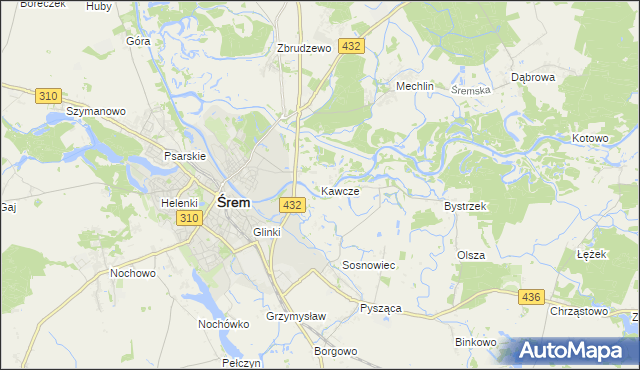 mapa Kawcze gmina Śrem, Kawcze gmina Śrem na mapie Targeo