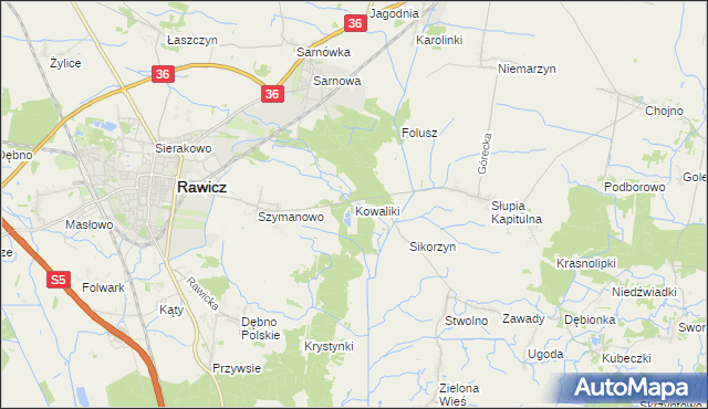 mapa Kowaliki gmina Rawicz, Kowaliki gmina Rawicz na mapie Targeo