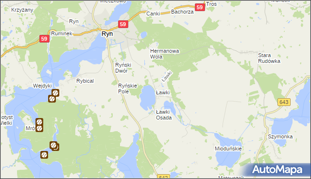 mapa Ławki gmina Ryn, Ławki gmina Ryn na mapie Targeo