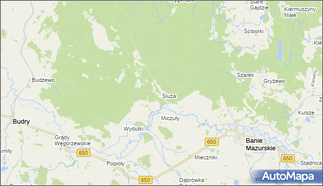 mapa Śluza gmina Banie Mazurskie, Śluza gmina Banie Mazurskie na mapie Targeo