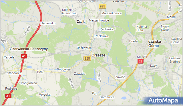 mapa Orzesze powiat mikołowski, Orzesze powiat mikołowski na mapie Targeo