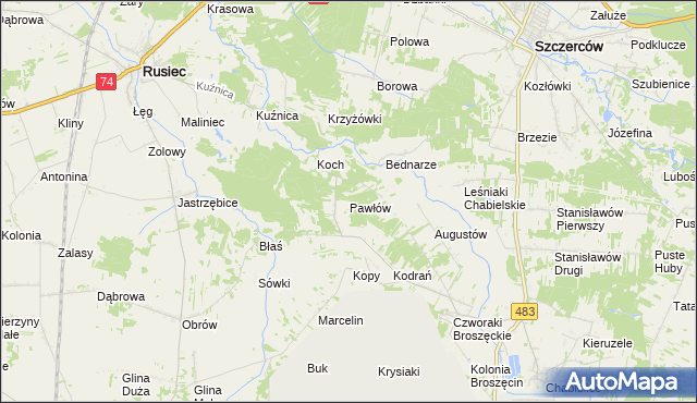mapa Pawłów gmina Rusiec, Pawłów gmina Rusiec na mapie Targeo