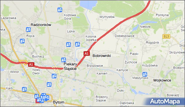 mapa Bobrowniki powiat będziński, Bobrowniki powiat będziński na mapie Targeo
