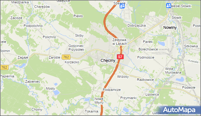 mapa Chęciny powiat kielecki, Chęciny powiat kielecki na mapie Targeo
