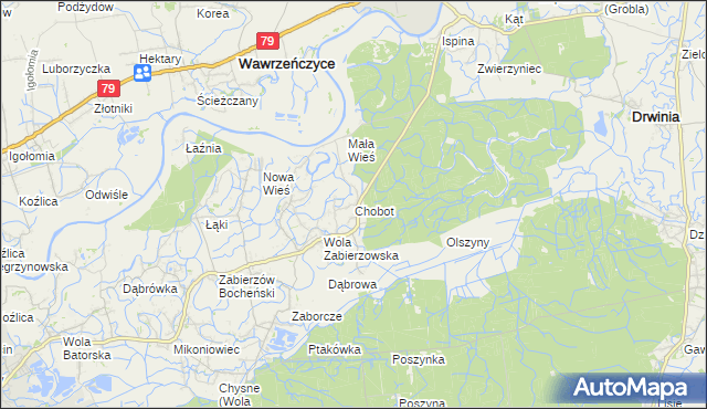 mapa Chobot gmina Niepołomice, Chobot gmina Niepołomice na mapie Targeo
