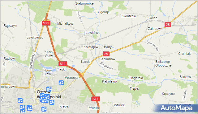 mapa Czekanów gmina Ostrów Wielkopolski, Czekanów gmina Ostrów Wielkopolski na mapie Targeo