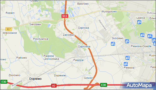 mapa Dąbrówka gmina Dopiewo, Dąbrówka gmina Dopiewo na mapie Targeo