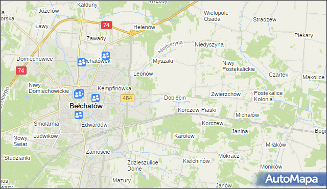 mapa Dobiecin gmina Bełchatów, Dobiecin gmina Bełchatów na mapie Targeo