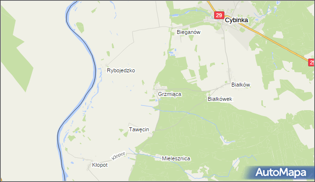 mapa Grzmiąca gmina Cybinka, Grzmiąca gmina Cybinka na mapie Targeo