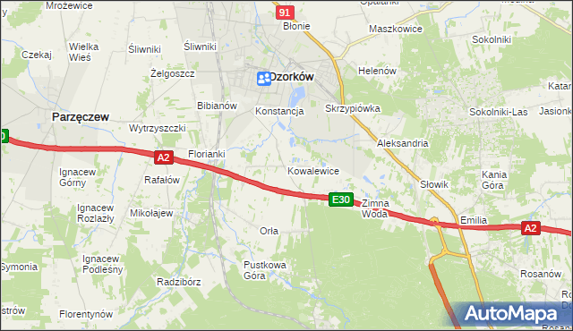 mapa Kowalewice gmina Parzęczew, Kowalewice gmina Parzęczew na mapie Targeo