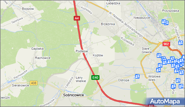 mapa Kozłów gmina Sośnicowice, Kozłów gmina Sośnicowice na mapie Targeo