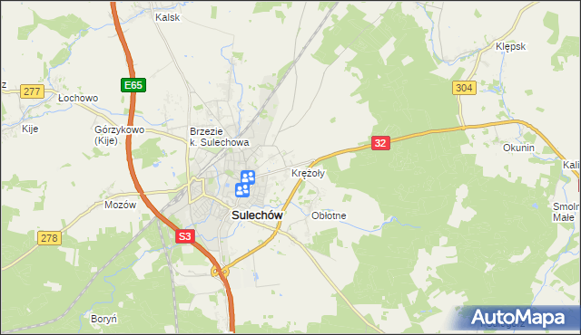 mapa Krężoły gmina Sulechów, Krężoły gmina Sulechów na mapie Targeo