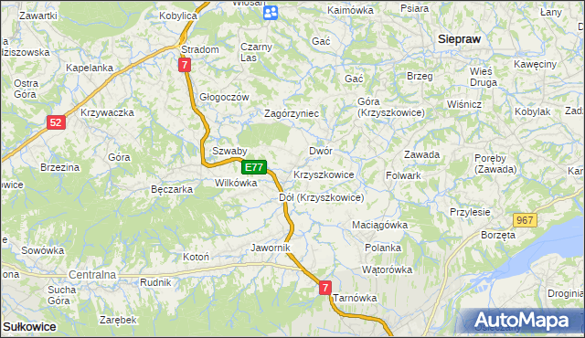 mapa Krzyszkowice gmina Myślenice, Krzyszkowice gmina Myślenice na mapie Targeo