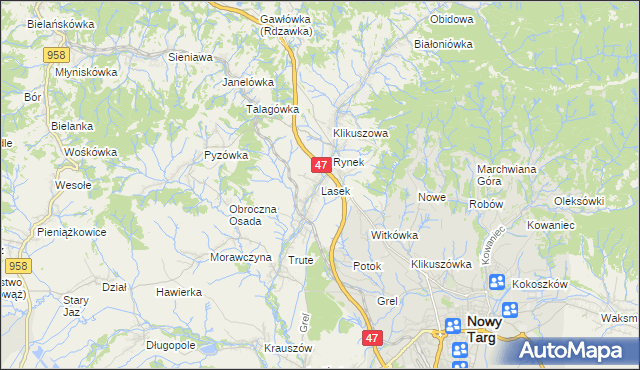 mapa Lasek gmina Nowy Targ, Lasek gmina Nowy Targ na mapie Targeo