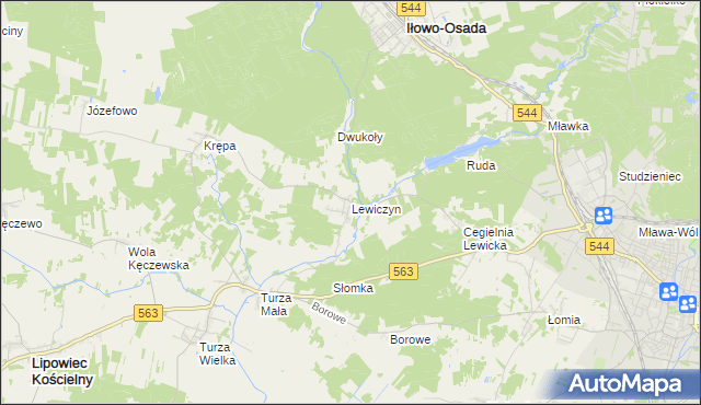 mapa Lewiczyn gmina Lipowiec Kościelny, Lewiczyn gmina Lipowiec Kościelny na mapie Targeo