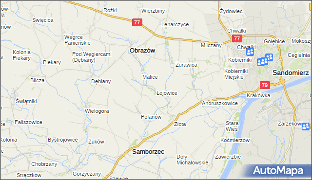 mapa Łojowice gmina Samborzec, Łojowice gmina Samborzec na mapie Targeo