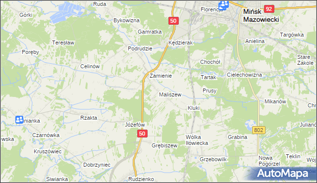 mapa Maliszew gmina Mińsk Mazowiecki, Maliszew gmina Mińsk Mazowiecki na mapie Targeo