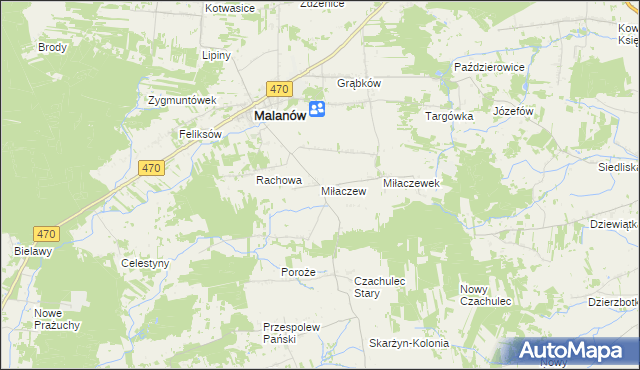 mapa Miłaczew gmina Malanów, Miłaczew gmina Malanów na mapie Targeo