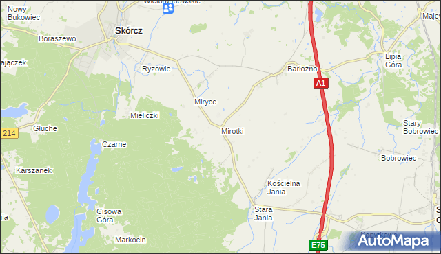 mapa Mirotki gmina Skórcz, Mirotki gmina Skórcz na mapie Targeo