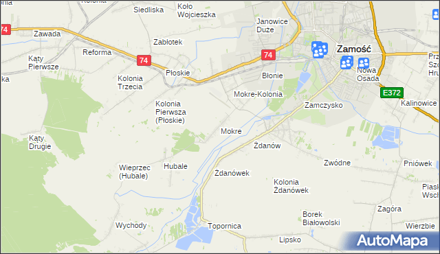 mapa Mokre gmina Zamość, Mokre gmina Zamość na mapie Targeo