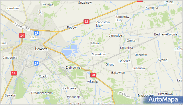 mapa Mysłaków gmina Nieborów, Mysłaków gmina Nieborów na mapie Targeo