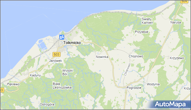 mapa Nowinka gmina Tolkmicko, Nowinka gmina Tolkmicko na mapie Targeo
