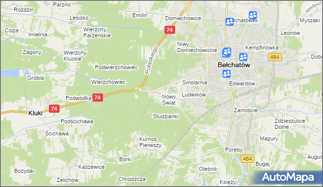 mapa Nowy Świat gmina Bełchatów, Nowy Świat gmina Bełchatów na mapie Targeo