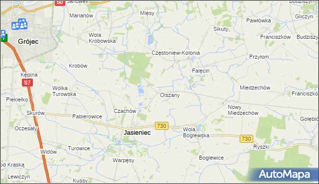 mapa Olszany gmina Jasieniec, Olszany gmina Jasieniec na mapie Targeo