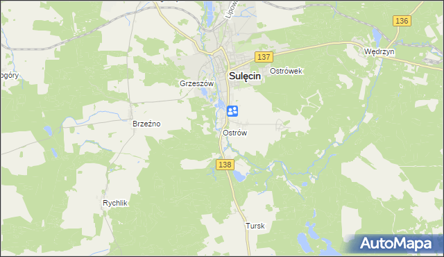 mapa Ostrów gmina Sulęcin, Ostrów gmina Sulęcin na mapie Targeo