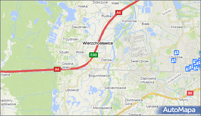 mapa Ostrów gmina Wierzchosławice, Ostrów gmina Wierzchosławice na mapie Targeo