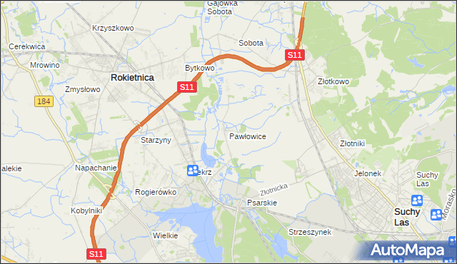 mapa Pawłowice gmina Rokietnica, Pawłowice gmina Rokietnica na mapie Targeo