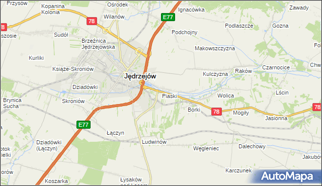 mapa Piaski gmina Jędrzejów, Piaski gmina Jędrzejów na mapie Targeo