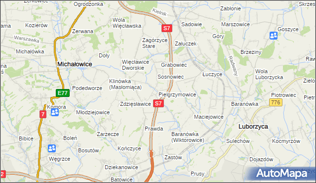 mapa Pielgrzymowice gmina Michałowice, Pielgrzymowice gmina Michałowice na mapie Targeo