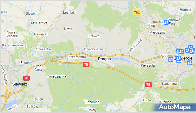mapa Poręba powiat zawierciański, Poręba powiat zawierciański na mapie Targeo