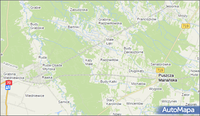 mapa Radziwiłłów gmina Puszcza Mariańska, Radziwiłłów gmina Puszcza Mariańska na mapie Targeo