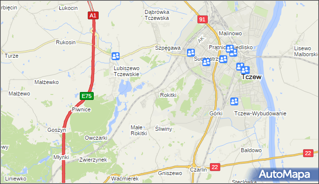 mapa Rokitki gmina Tczew, Rokitki gmina Tczew na mapie Targeo