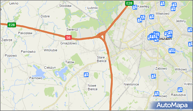 mapa Stare Bielice gmina Biesiekierz, Stare Bielice gmina Biesiekierz na mapie Targeo