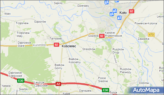 mapa Straszków gmina Kościelec, Straszków gmina Kościelec na mapie Targeo