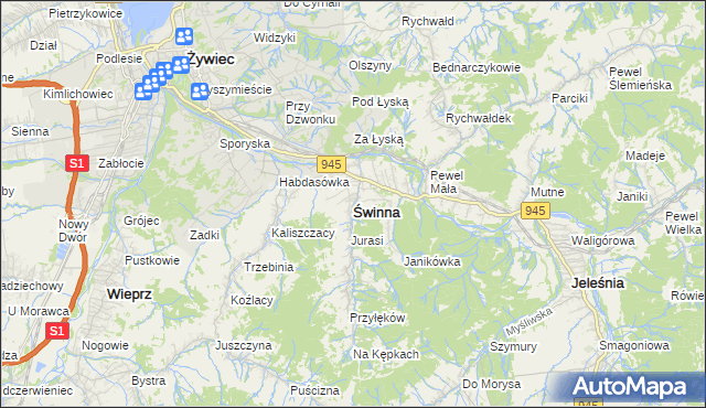 mapa Świnna powiat żywiecki, Świnna powiat żywiecki na mapie Targeo