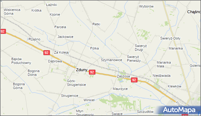 mapa Szymanowice gmina Zduny, Szymanowice gmina Zduny na mapie Targeo