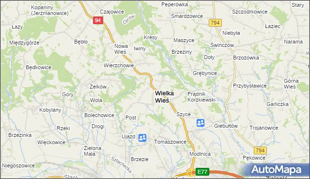 mapa Wielka Wieś powiat krakowski, Wielka Wieś powiat krakowski na mapie Targeo