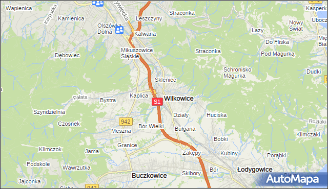 mapa Wilkowice powiat bielski, Wilkowice powiat bielski na mapie Targeo
