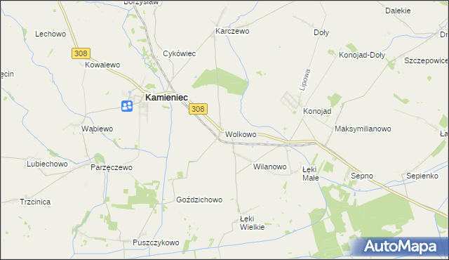 mapa Wolkowo gmina Kamieniec, Wolkowo gmina Kamieniec na mapie Targeo