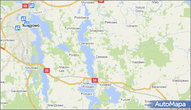 mapa Zawada gmina Mrągowo, Zawada gmina Mrągowo na mapie Targeo