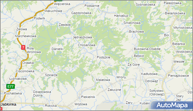 mapa Podszkle gmina Czarny Dunajec, Podszkle gmina Czarny Dunajec na mapie Targeo