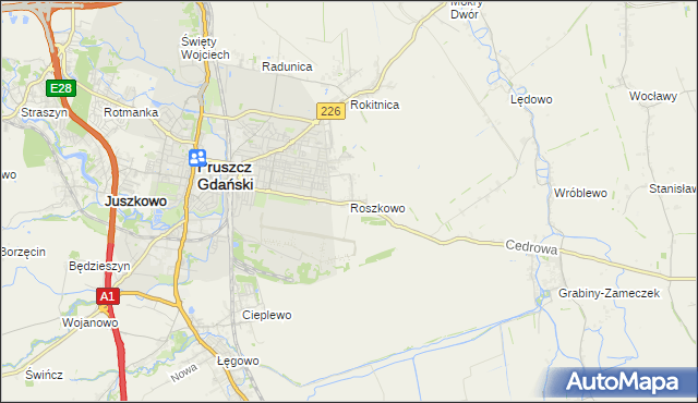 mapa Roszkowo gmina Pruszcz Gdański, Roszkowo gmina Pruszcz Gdański na mapie Targeo