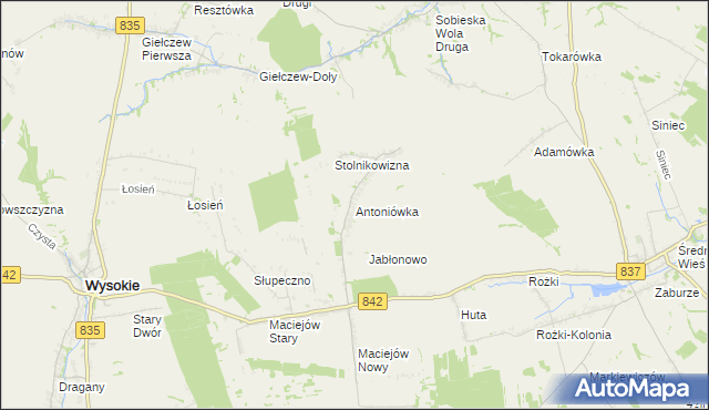 mapa Antoniówka gmina Wysokie, Antoniówka gmina Wysokie na mapie Targeo