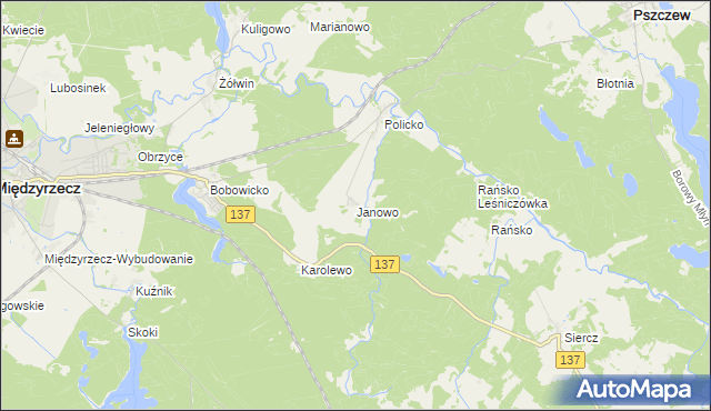 mapa Janowo gmina Pszczew, Janowo gmina Pszczew na mapie Targeo