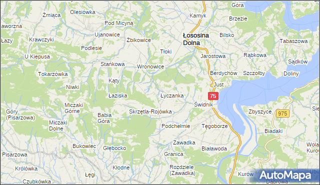 mapa Łyczanka gmina Łososina Dolna, Łyczanka gmina Łososina Dolna na mapie Targeo